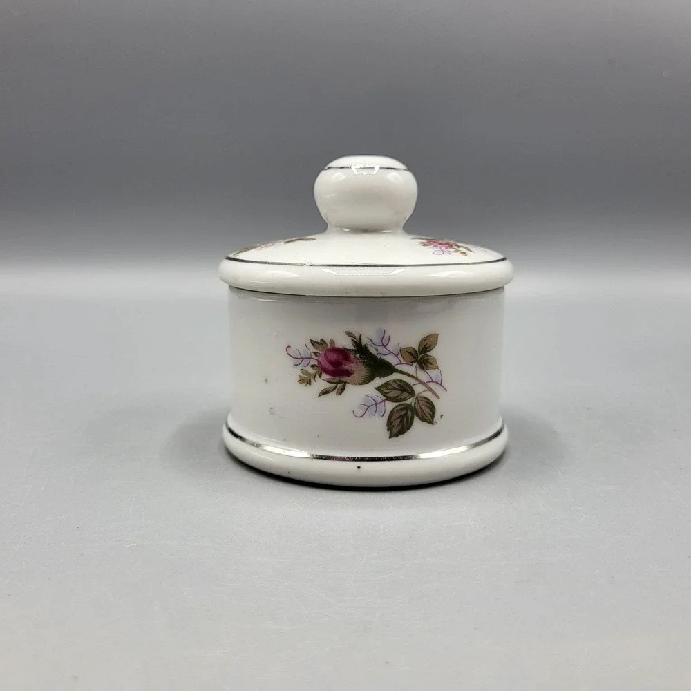 Vintage Porcelain Vanity Trinket Powder Jar Bowl With Lid Pink Rose Silver Trim